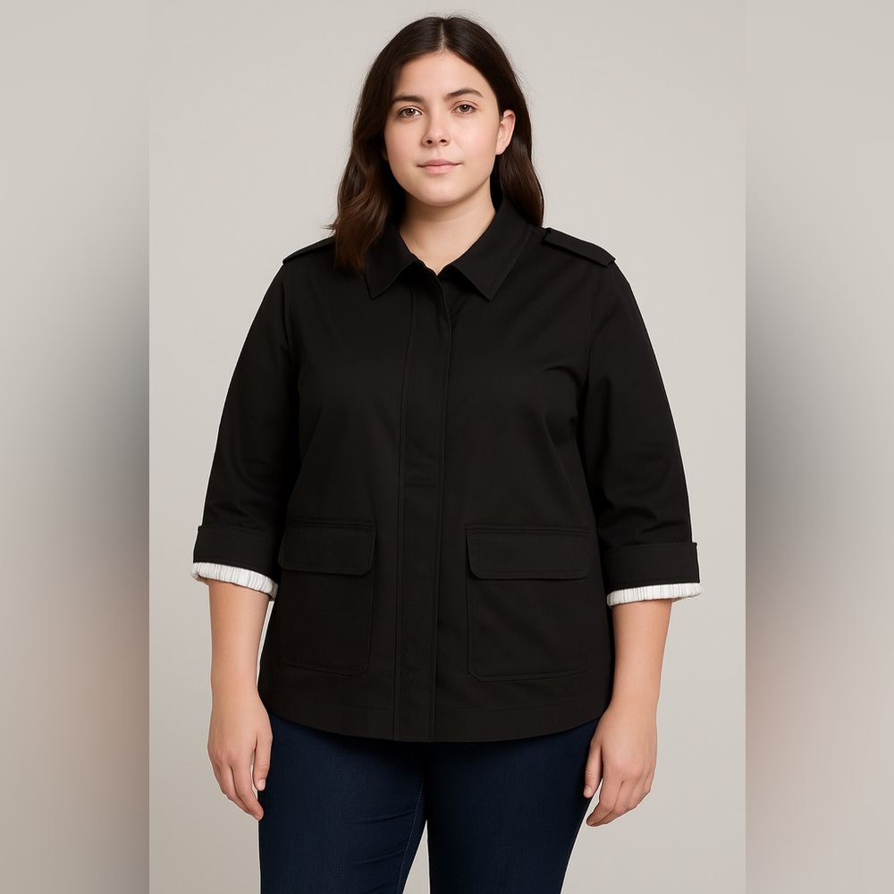 Universal Standard Utility Jacket Black Medium Roll Sleeve Epaulet Pockets NWT